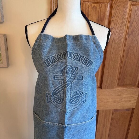 The Nautical Table Nautical Denim Apron Blue Nantucket Anchor Design - Picture 2 of 7